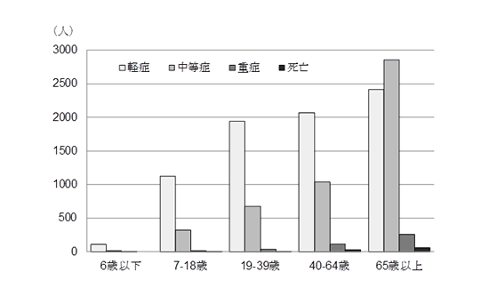 人口動態統計に基づく熱中症による死亡者数、年代・重症度別